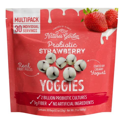 Natures Garden Probiotic Strawberry Yoggies 21oz 30 x 07oz Yoggie Bites Strawberry Strawberry Yogurt Covered Snack Pack High Fiber Delicious Real Fruit Pieces No Artificial Ingredients Healthy Snack f 0 belly baby and beyond