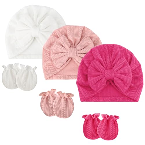 Newborn Baby Bow Hats and Mittens Hospital Hat Beanie Infant Caps Baby Cotton No Scratch Mittens for 0 12 Months 0 belly baby and beyond