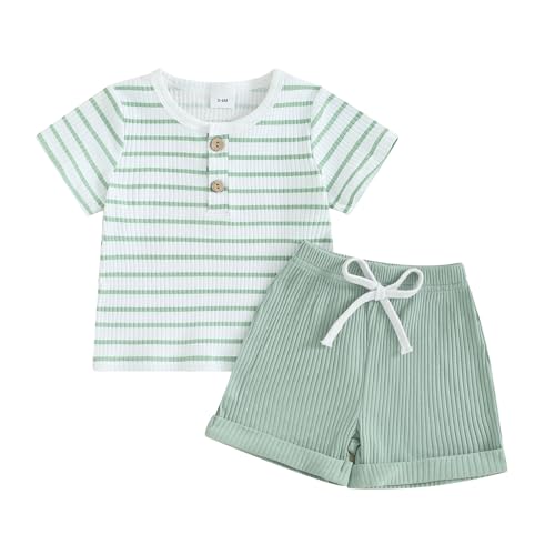 Newborn Baby Boy Girl Clothes Set Ribbed Short Sleeve Striped Romper Top Solid Color Shorts Sets 2Pcs Summer Outfits 0 belly baby and beyond