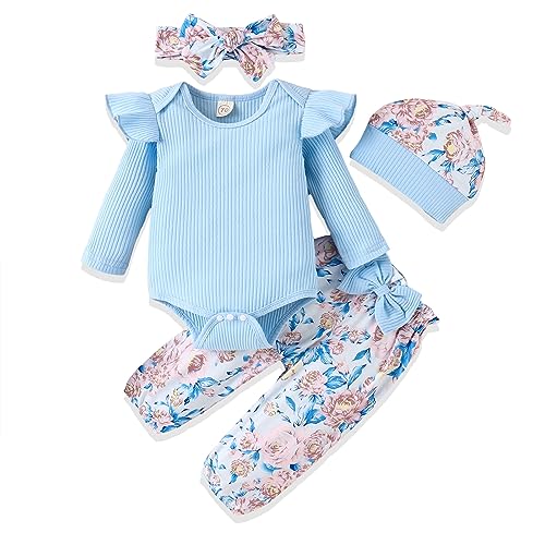 Newborn Baby Girl Clothes Infant Outfits Ruffle Romper Floral Pants Headband Hat Sets for Girls 0 belly baby and beyond