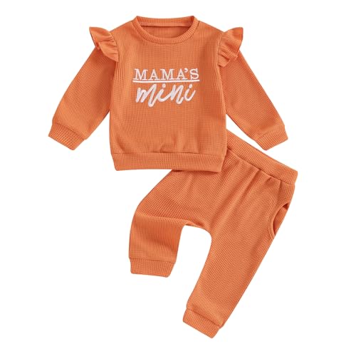 Newborn Baby Girl Fall Winter Waffle Outfit Clothes Ruffle Long Sleeve Mama Mini Sweatshirt Pants Sweatsuits 0 belly baby and beyond