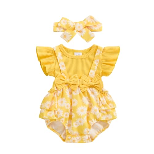 Newborn Baby Girl Outfit Fly Sleeve Floral Romper Dress Headband Infant Cute Summer Clothes Set 0 belly baby and beyond