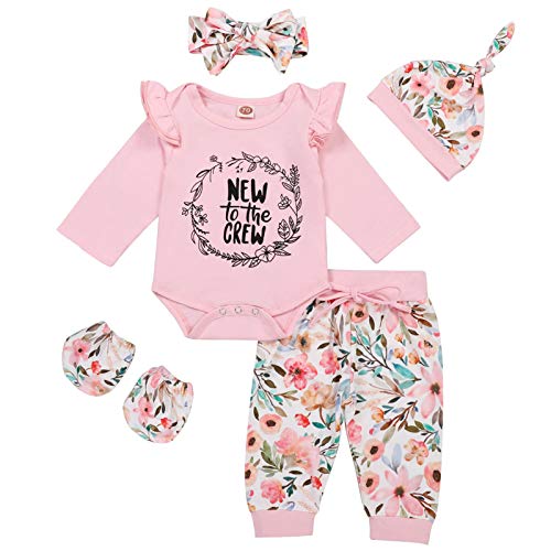 Newborn Baby Girl Outfits Letter Print Long Sleeve RomperFloral PantsHatHeadbandGloves 5PCS Clothes Set 0 belly baby and beyond