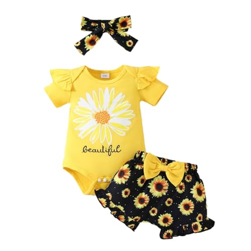 Newborn Baby Girl Summer Outfit Floral Short Sleeve Romper Sunflower Shorts Headband Set 3Pcs Clothes 0 belly baby and beyond