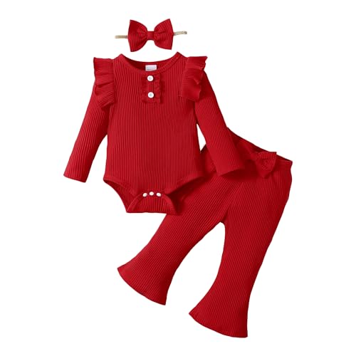 Newborn Baby Girls Clothes Outfit Ruffle Long Sleeve Ribbed Knit Romper Pants Set Fall Winter 0 belly baby and beyond