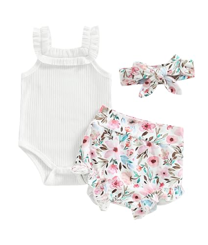 Newborn Infant Baby Girl Summer Clothes Outfits Set Floral Print Romper Tops Drawstring Short Headband Clothes Set 0 belly baby and beyond