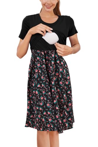 PARNIXS Womens Nursing Dress Summer Short Sleeve Patchwork Pregnancy Clothes with Pockets 0 belly baby and beyond