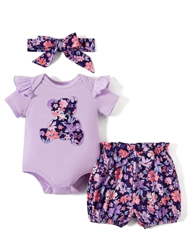 PATPAT Infant Baby Girls Clothes Set Short Sleeve Romper Tops and Floral Print Shorts Summer Outfit with Headband 0 belly baby and beyond
