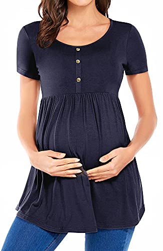 POSHGLAM Womens Maternity Top Shirts Round Neck Ruched Pregnancy Clothes with Button Accent 0 belly baby and beyond