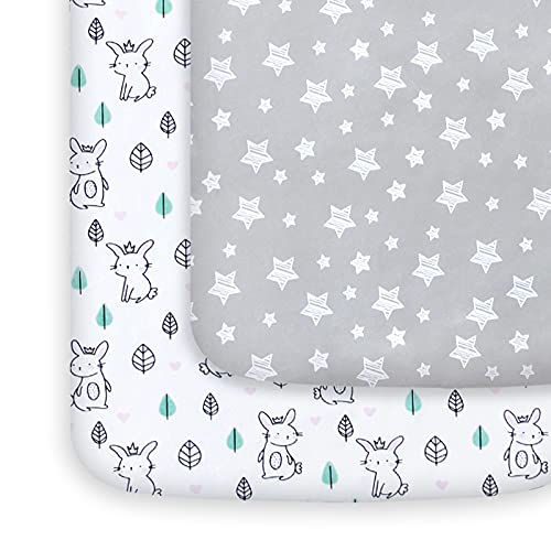 Pack and Play Sheets 2 Pack Mini Crib Sheets Stretchy Playard Fitted Sheet Compatible with Graco Pack n Play Soft and Breathable Material Stars Bunny 0 belly baby and beyond