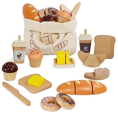 PairPear Wooden Bakery Toy Food PlaysetKids Pretend Play Food Kitchen Accessories with Shopping BagToddlers Cutting Food Gift for Boys and Girls 3 Years and Up 0 belly baby and beyond