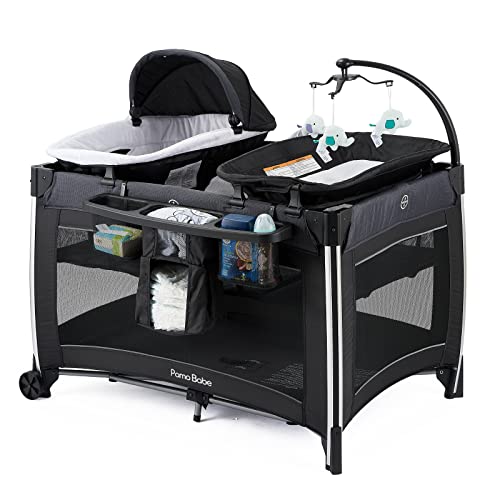 Pamo Babe 4 in 1 Portable Baby Crib Deluxe Nursery Center Foldable Travel Playard with Bassinet Mattress Changing Table for Newborn Infant ToddlerBlack 0 belly baby and beyond