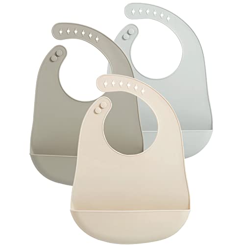 PandaEar 3 Pack Waterproof Silicone Baby Bibs Super Thin Light Weight for Babies Toddlers Adjustable Soft Silicone Feeding Bibs with Food Catcher Pocket Unisex Non Messy 0 belly baby and beyond