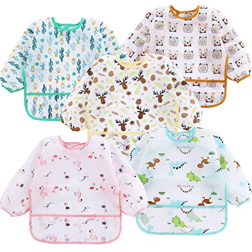 PandaEar 5 Pack Long Sleeve Bibs Waterproof Full Bib with Sleeves for Babies Infant Toddler 6 24 Months Mess Proof Baby Smock for Eating Baby Apron for Feeding 0 belly baby and beyond