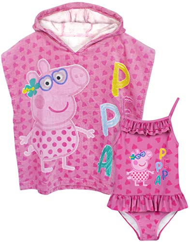 Peppa Pig Girls Swimsuit Hooded Towel Poncho Toweling Robe Cover Up Set 0 belly baby and beyond