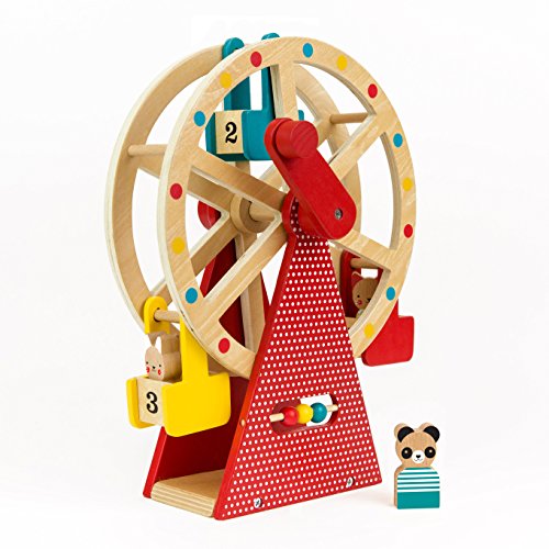 Petit Collage Ferris Wheel Carnival Wooden Toy 2 Animal Characters Included Pre Assembled Wooden Ferris Wheel Toy with Sturdy Wood Construction Non Toxic and Safe for Kids Ideal for Ages 3 0 belly baby and beyond