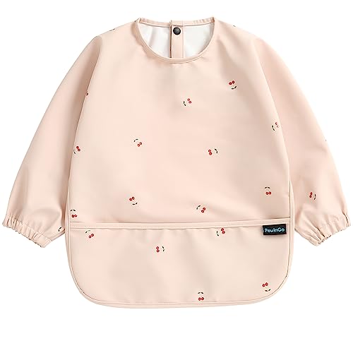 PewinGo Weaning Bib with Long Sleeves BLW Soft and Skin Friendly Material Coverall Bibs for Baby Feeding Waterproof and Easy to Clean Machine Washable for Baby Infant Toddlers Pink 0 belly baby and beyond