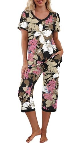 PrinStory Womens Pajama Set Short Sleeve Shirt and Capri Pants Sleepwear Pjs Sets with Pockets 0 belly baby and beyond