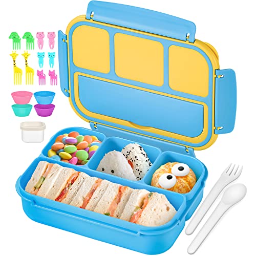 QQKO Bento Lunch Boxes with 4 Compartments Sauce Container Utensils Food Picks and Muffin Cups for School or Adults Blue 0 belly baby and beyond