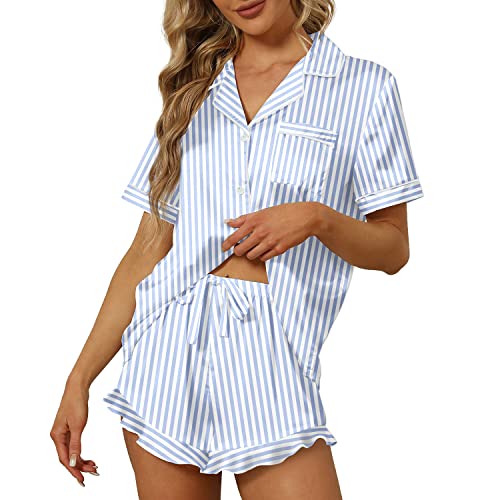 SAPJON Satin Silk Pajamas for Women 2Pcs Ruffle Notch Collar Sleepwear Button Down Short Sleeve Shorts Pjs Set Loungewear 0 belly baby and beyond
