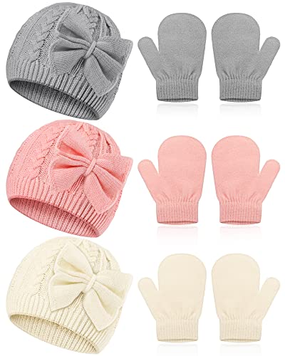 SATINIOR 3 Set Toddler Hat Glove Set Kids Winter Hats Warm Knitted Beanie Mittens Gloves with Bow for Baby Girls Boys 0 6Y 0 belly baby and beyond