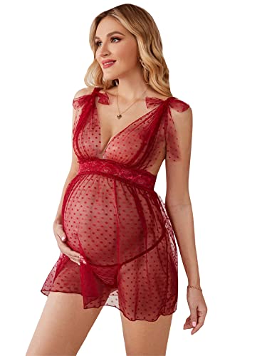 SOLY HUX Womens Maternity Polka Dots Deep V Neck Mesh Babydoll Nightgown with Thong 2 Piece Lingerie Set 0 belly baby and beyond