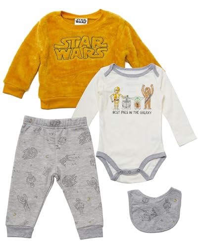 STAR WARS Boys Infant One Piece Bodysuit Long Sleeve Sweatshirt Jogging Pants and Bibs 4 Piece Cozy Set 0 belly baby and beyond