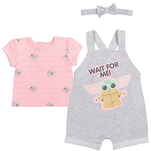 STAR WARS The Child Baby Girls French Terry Snap Short Overalls T Shirt and Headband 3 Piece Outfit Set Newborn to Infant 0 belly baby and beyond