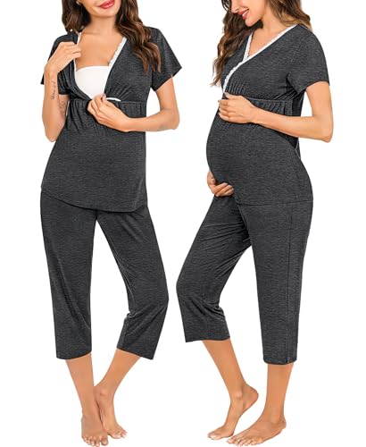 SWOMOG Women Maternity Pajamas Set Nursing Pjs Pregnancy Set Breastfeeding Pajamas 2 PCS Postpartum Pajamas with Pockets 0 belly baby and beyond