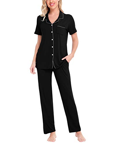 SWOMOG Women Pajama Sets Two Piece Nightwear Short Sleeve Sleepwear Button Down Pj Lounge Sets with Long Pants 0 belly baby and beyond