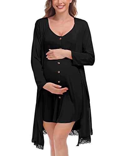 SWOMOG Womens Maternity Nursing Nightgown and Lace Robe Set 3 in 1 Labor Delivery Button Down Nursing Dress 2 Piece Sleepwear 0 belly baby and beyond