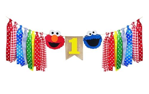 Sesame Cartoon Elmo High Chair Banner First Birthday Decorations Cookie monster 1st Birthday High Chair Banner For Girls Boys Sesame Birthday Party Supplies Decor 0 belly baby and beyond