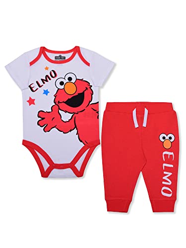 Sesame Street Boys Elmo Bodysuit and Jogger Set for Newborn and Infant RedWhite 0 belly baby and beyond