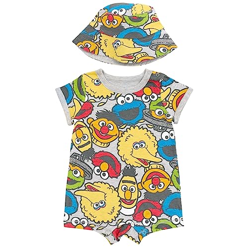 Sesame Street Elmo Cookie Monster Big Bird Romper and Bucket Sun Hat Newborn to Toddler 0 belly baby and beyond