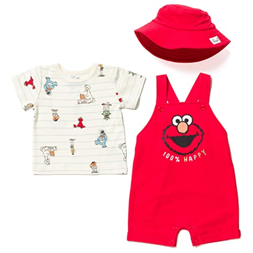 Sesame Street Elmo French Terry Short Overalls T Shirt and Hat 3 Piece Outfit Set Newborn to Toddler 0 belly baby and beyond