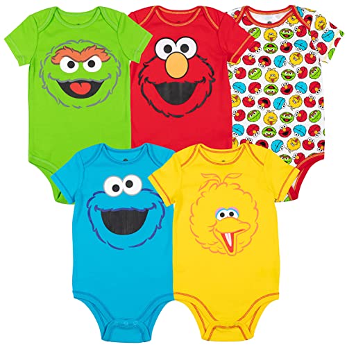 Sesame Street Elmo Oscar the Grouch Big Bird Abby Cadabby Baby 5 Pack Bodysuits Newborn to Infant 0 belly baby and beyond