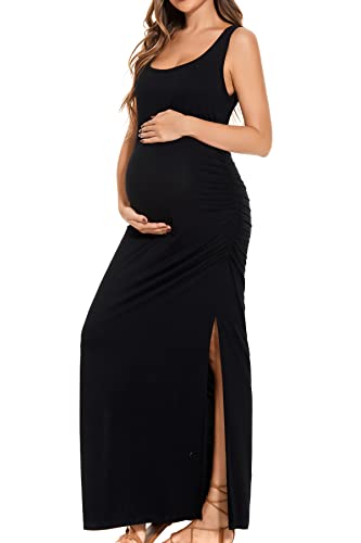Smallshow Womens Split Long Maternity Dress Sleeveness Ruched Pregnancy Clothes 0 belly baby and beyond