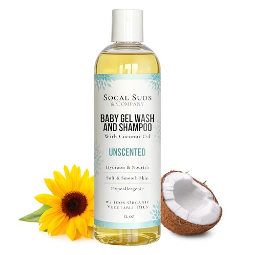 SoCal Suds Company 2 in 1 Organic Gel Baby Shampoo Body Wash Gentle Natural Vitamin Organic Oils Castile Soap Soothing Botanicals for Sensitive Skin Cleansing Hair Body Unscented 12oz 0 belly baby and beyond
