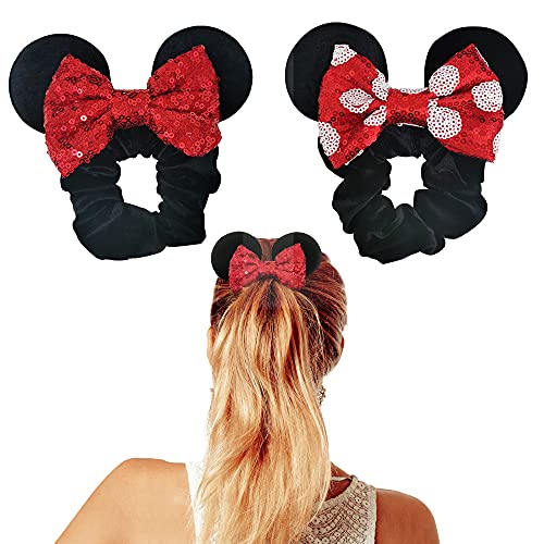 Styla Hair 2pk Mouse Ear Scrunchies for Kids Velvet Hair Bow Scrunchies for Women Sparkle Sequins Mouse Hair Bands for Pony Tail Red Black 0 belly baby and beyond
