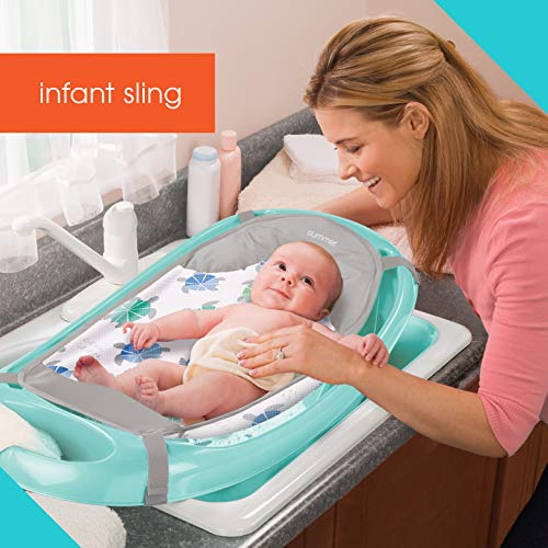 Summer Infant Splish n Splash Newborn to Toddler Tub Aqua 3 Stage Tub for Newborns Infants and Toddlers Includes Fabric Newborn Sling Cushioned Support Parent Assist Tray and a Drain Plug 0 1 belly baby and beyond