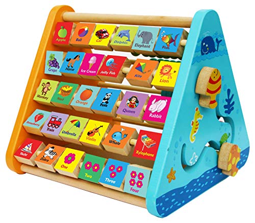 TOWO Wooden Activity Centre Triangle Toys flip flop Alphabet Blocks Abacus Clock Activity Cube for Toddlers 5 in 1 Activity Toys for Babies Montessori Learning Wooden Toys for 1 Year Old 0 belly baby and beyond