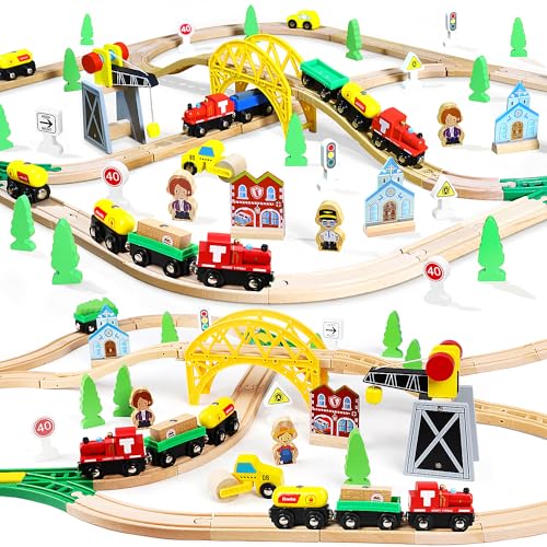 TOY Life Wooden Train Set with Crane Wood Train Tracks 60pcs Toddler Boy Toys for 3 Year Old Boys Fits Thomas Brio Melisa Chugginton Train Track Set Xmas 0 belly baby and beyond