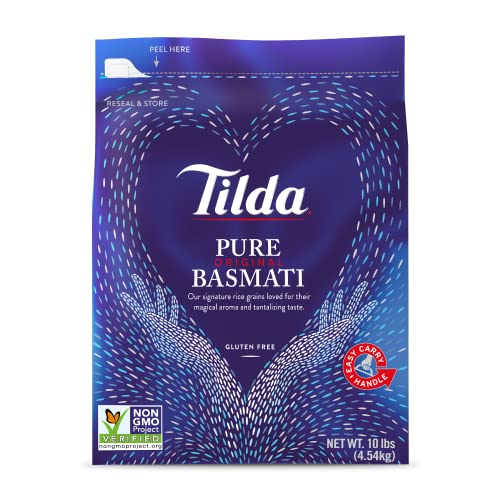 Tilda Pure Basmati Rice Premium Aromatic and Authentic Rice Large Resealable Bag 10 Pound BagWhite 0 belly baby and beyond