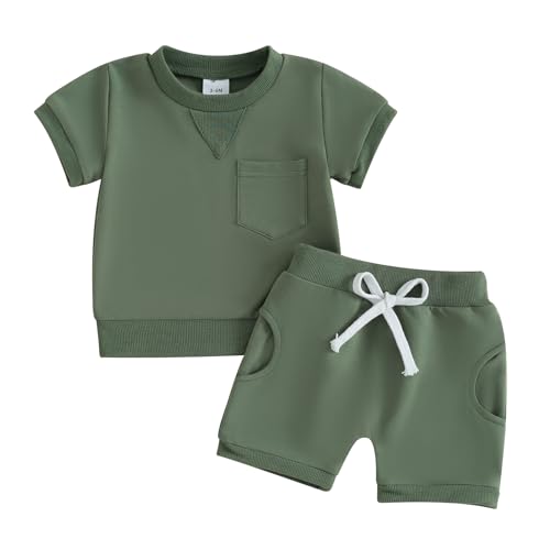 Toddler Baby Boy Summer Outfits Solid Color Short Sleeve Tops and Stretch Casual Shorts Pocket Set Cute Newborn Clothes 0 belly baby and beyond