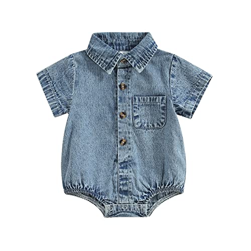 Unisex Newborn Baby Boy Girl Clothes Denim Button Up Shirt Oversized Lapel Short Sleeve Bubble Romper Outfit 0 belly baby and beyond