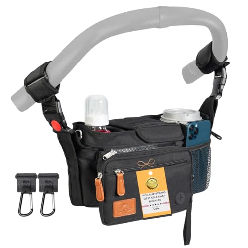 Universal Stroller Organizer Bag w Anti Slip Straps to fit Nuna UPPAbaby Doona Baby Jogger pet strollers Durable Stroller Caddy Organizer Bag Stroller Oganizer with Cup Holder ample storage 0 belly baby and beyond