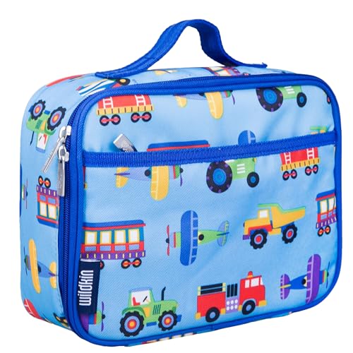 Wildkin Kids Insulated Lunch Box Bag for Boys Girls Reusable Kids Lunch Box is Perfect for Early Elementary Daycare School Travel Ideal for Hot or Cold Snacks Bento BoxesTrains Planes Trucks 0 belly baby and beyond