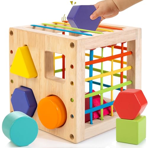 Winique Wooden Shape Sorter Toys for Toddlers 1 3 Years Old Montessori Toys for 1 Year Old Baby Girls Boys Activity Cube with 8pcs Geometric Shape Blocks and Gift Box for Christmas 0 belly baby and beyond