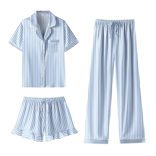 Womens 3pcs Silk Satin Pajamas Set Short Sleeve Sexy Ruffle Sleepwear Button Down Top and Shorts Lounge Set Pjs 0 belly baby and beyond