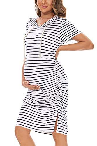 Womens Maternity Hoodie Dress Short Sleeve Split Side Ruched Pregnancy Clothes 0 belly baby and beyond